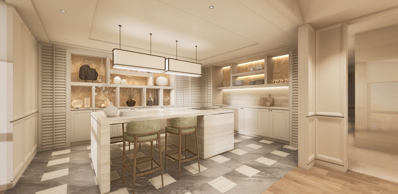 The private function room at InterContinental Residences Bangkok Asoke: a full pantry with a stone island and upholstered bar stools under a linear pendant, lit display shelving and a chequered stone floor, an artist's impression