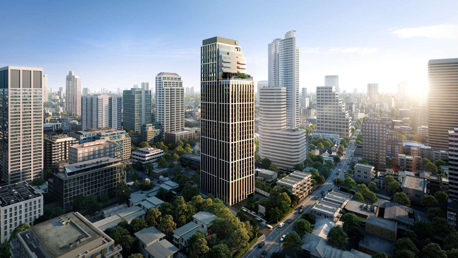InterContinental Residences Bangkok Asoke seen from the air by day: the slender tower standing above the low-rise streets of Sukhumvit 16, with the Asok towers and the city stretching to the horizon, an artist's impression