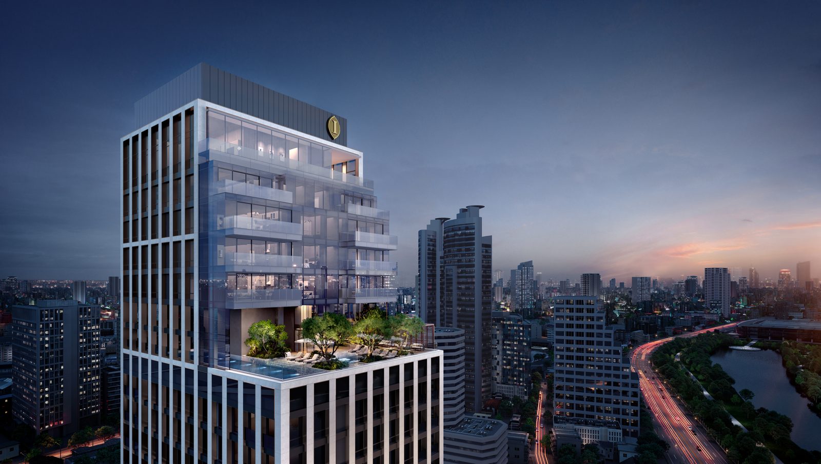 InterContinental Residences Bangkok Asoke: the crown of the 32-storey tower at dusk, its lit terraces and the InterContinental emblem above the Sukhumvit skyline, with the expressway threading the city beyond, an artist's impression