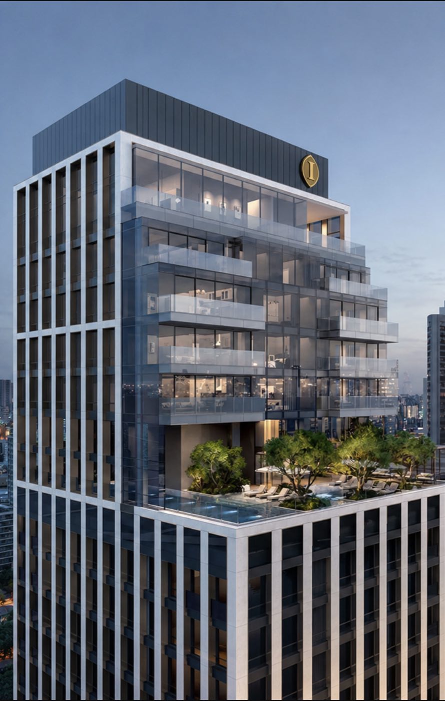 InterContinental Residences Bangkok Asoke: the crown of the tower with the InterContinental emblem and rooftop pool garden above the Asok skyline, an artist's impression
