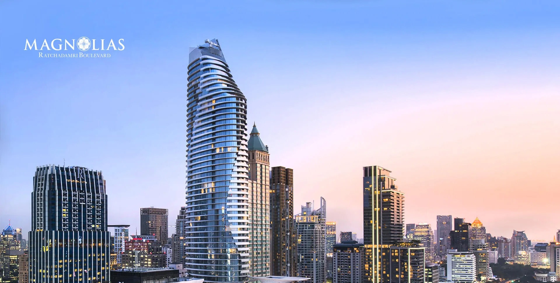 Magnolias Ratchadamri Boulevard tower with its sculptural petal facade on Ratchadamri in central Bangkok, by MQDC