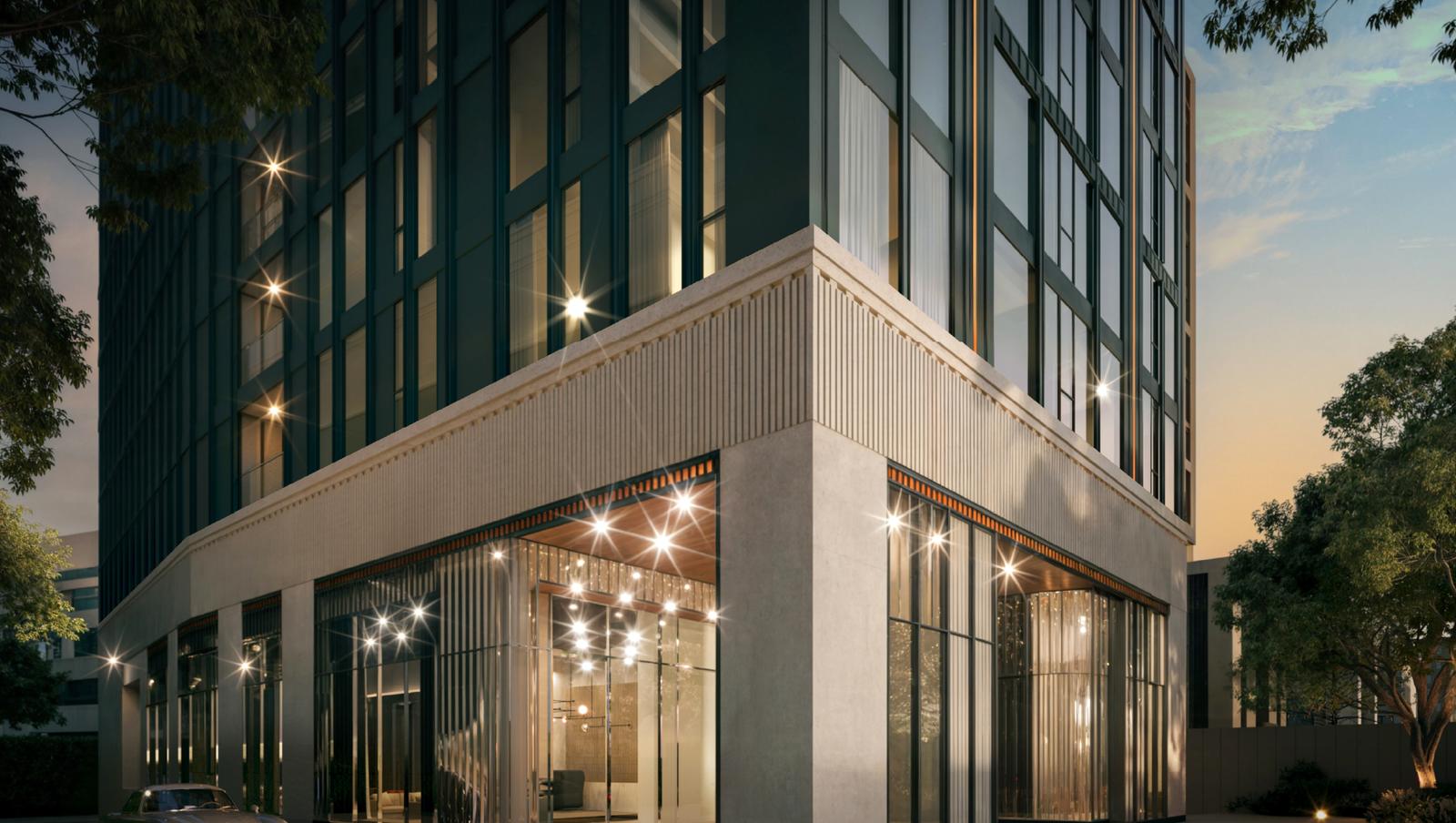 MAVISTA Phrom Phong: render of the ground-floor drop-off at dusk
