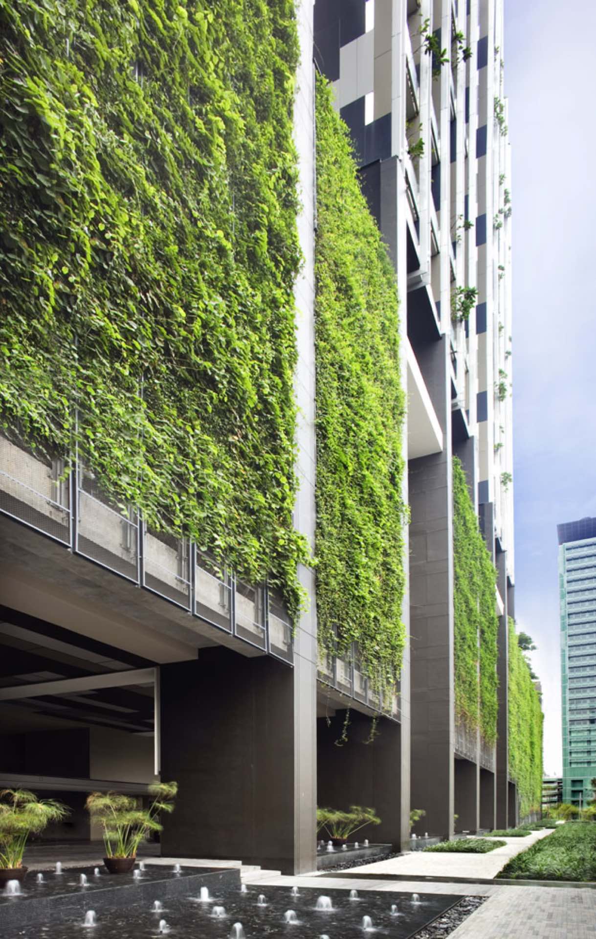 The Met Sathorn ผนังสวนแนวตั้งสีเขียวของ The Met เหนือลานน้ำทางเข้า