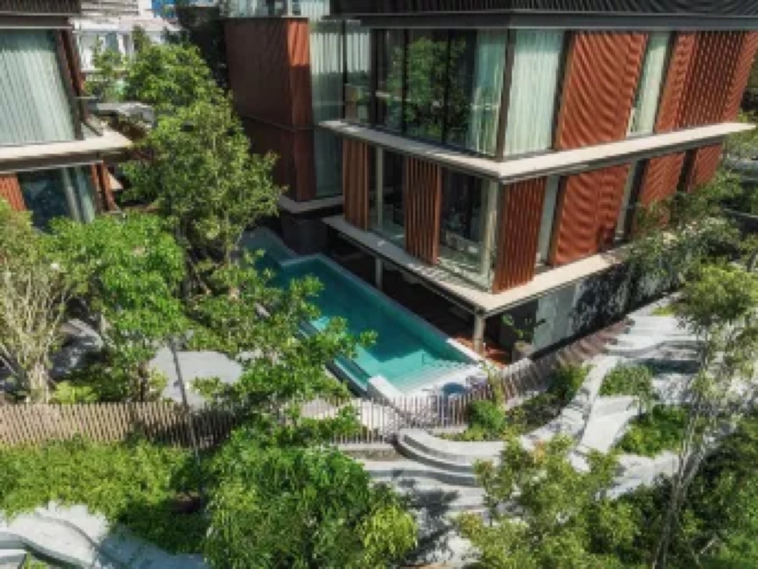 Aerial view of the villas and pools at Mulberry Grove Villas, The Forestias, Bang Na, Bangkok