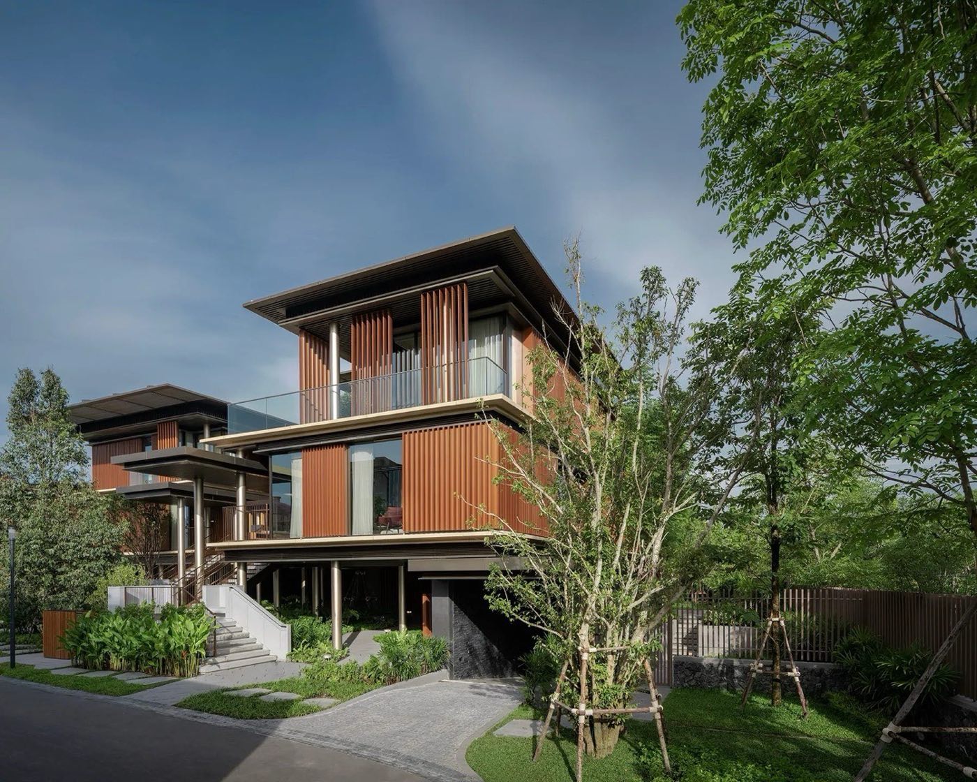 A villa and its garden at Mulberry Grove Villas, The Forestias, Bang Na, Bangkok