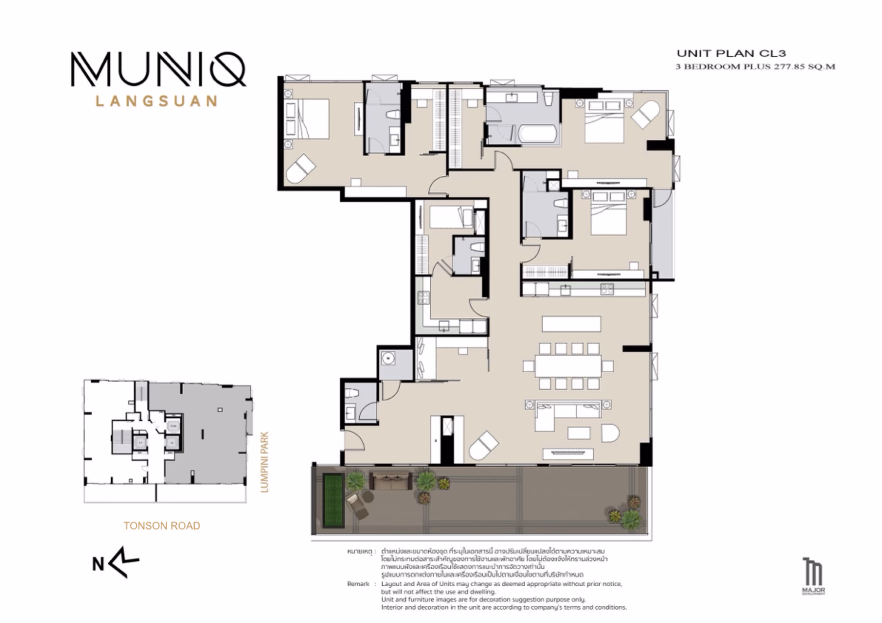 The developer's unit plan CL3 for the 277.85-square-metre three-bedroom penthouse at MUNIQ Langsuan, Bangkok, showing three bedrooms each with its own bathroom, a maid's room, a second kitchen, a powder room and a balcony along the open living and dining area.