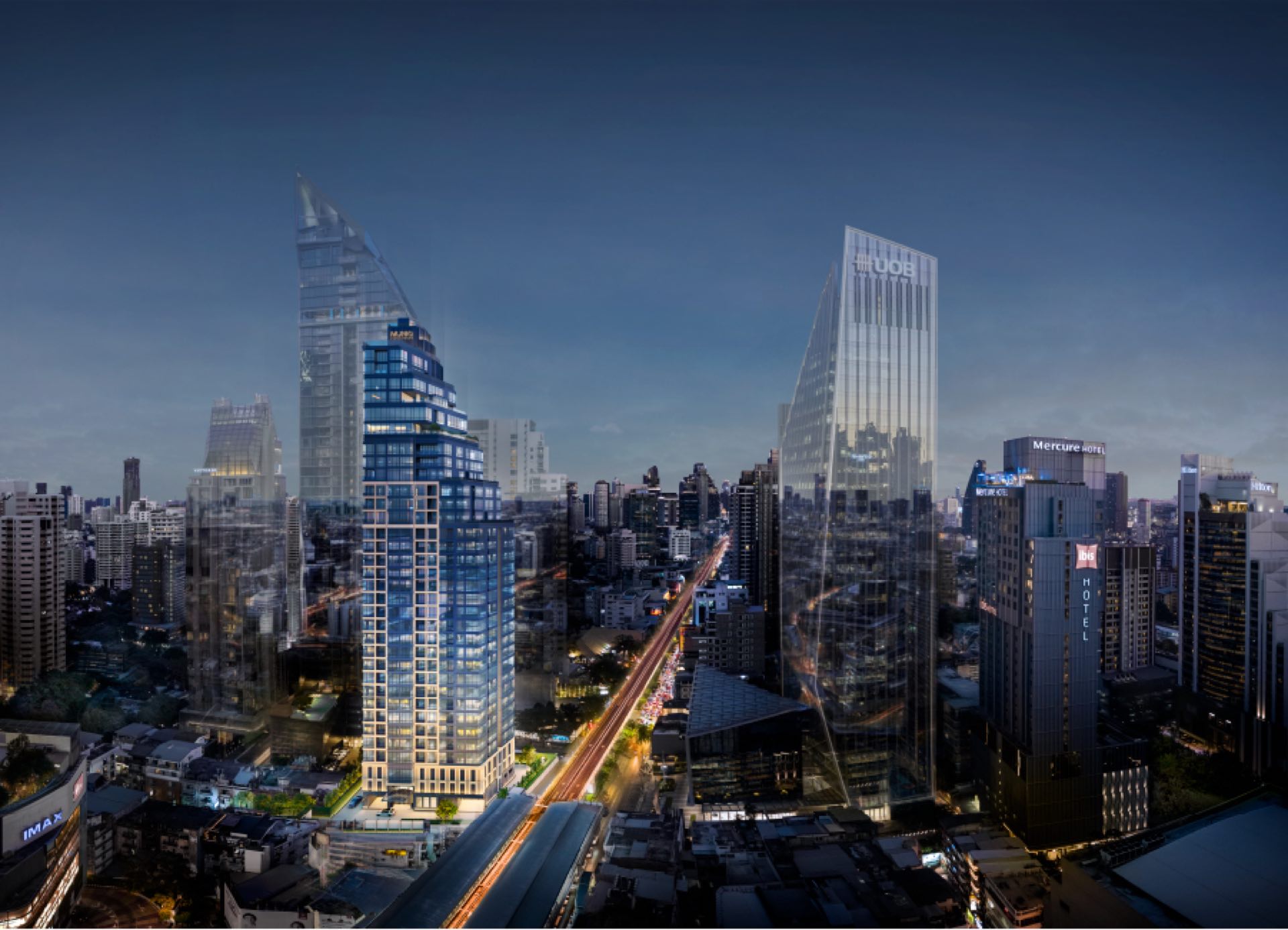 MUNIQ Phrom Phong: Aerial render of the MUNIQ Phrom Phong tower at dusk, lit up amid the surrounding Sukhumvit skyline