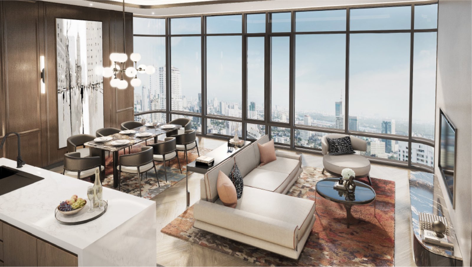 MUNIQ Phrom Phong: Furnished living and dining room interior with curved corner windows and panoramic Bangkok view