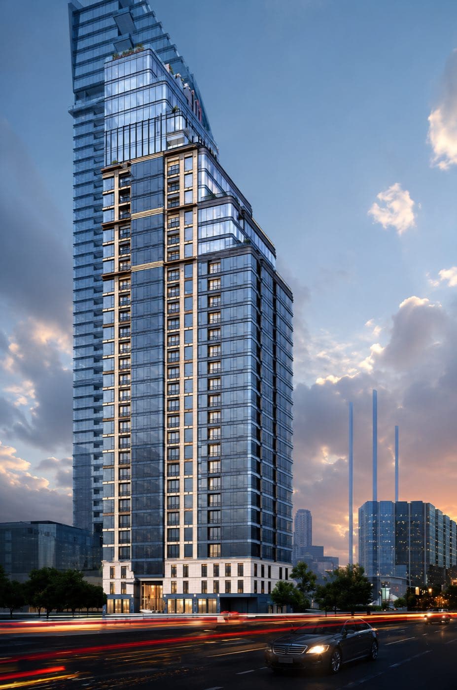 MUNIQ Phrom Phong 大樓於黃昏時分,位於曼谷 Sukhumvit 39 巷口