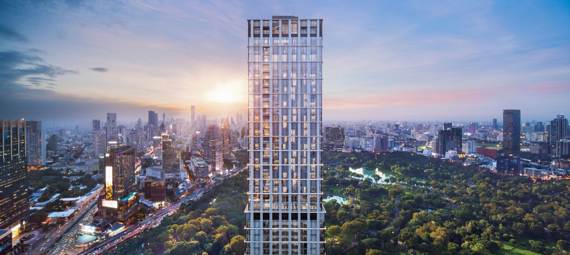 The ONE89 Wireless tower at One Bangkok rising above Lumphini Park on Wireless Road in central Bangkok at dusk, a computer-generated render by One Bangkok