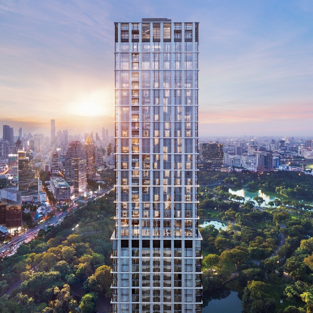 Lumphini Park ごしに望む One Bangkok 内 ONE89 Wireless のタワー。バンコク、189 Wireless Road。完成予想図です。