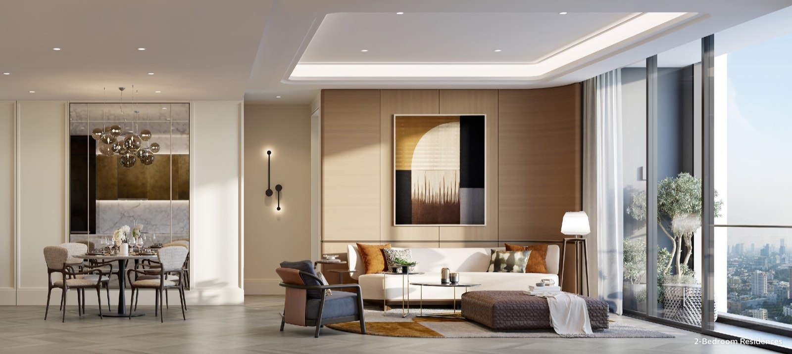 Living room of a two-bedroom residence at ONE89 Wireless, One Bangkok, with warm timber and stone interiors