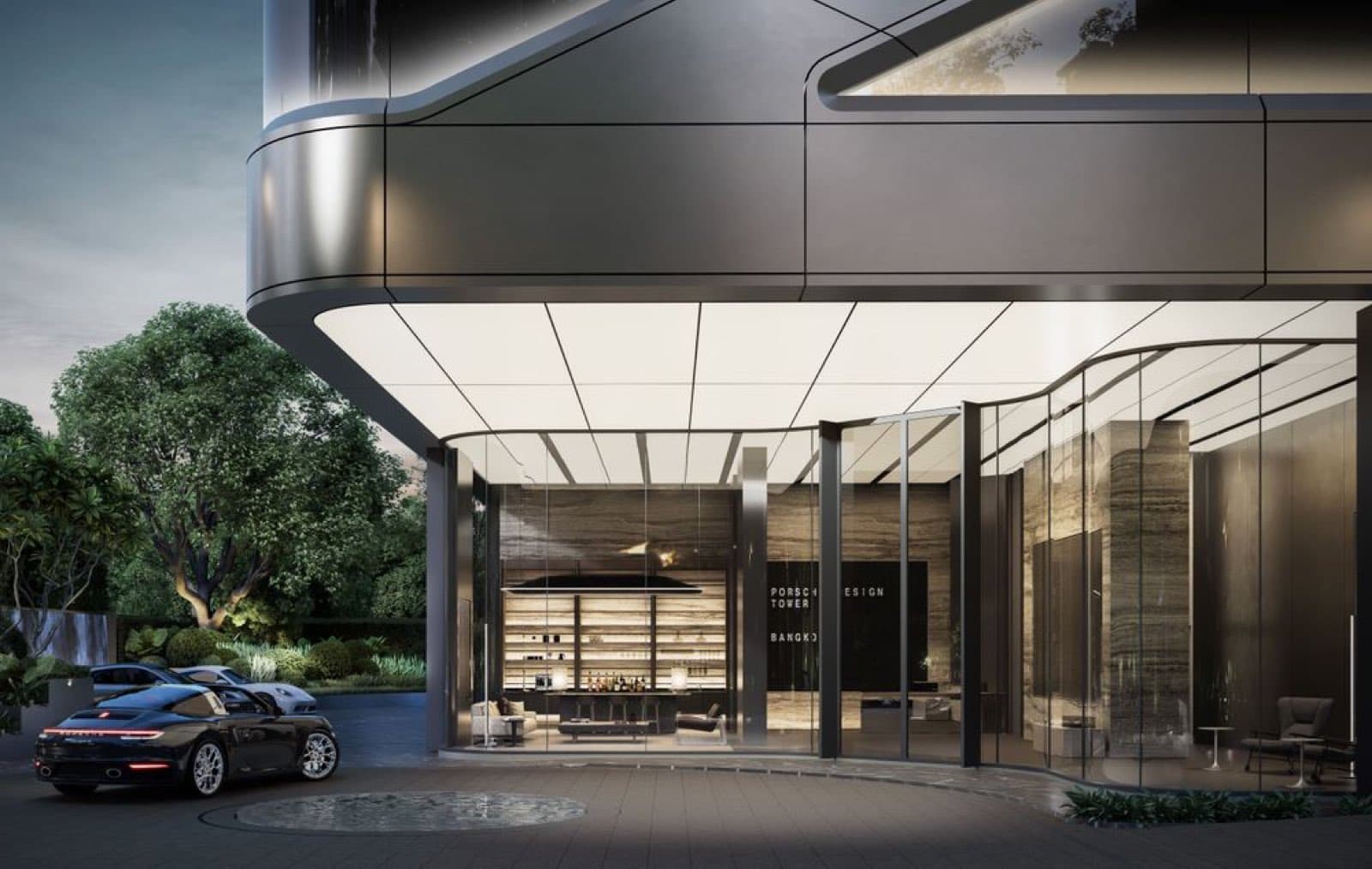 Porsche Design Tower Bangkok 的門廊入口,位於 BTS Thong Lo 附近的 Soi Sukhumvit 38