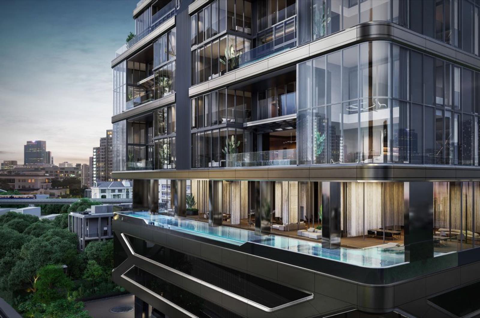 Porsche Design Tower Bangkok สระว่ายน้ำไร้ขอบแบบยื่นออกจากฟาซาดอาคารเหนือยอดไม้ พร้อมกระจกสูงจรดเพดานและวิวเมือง