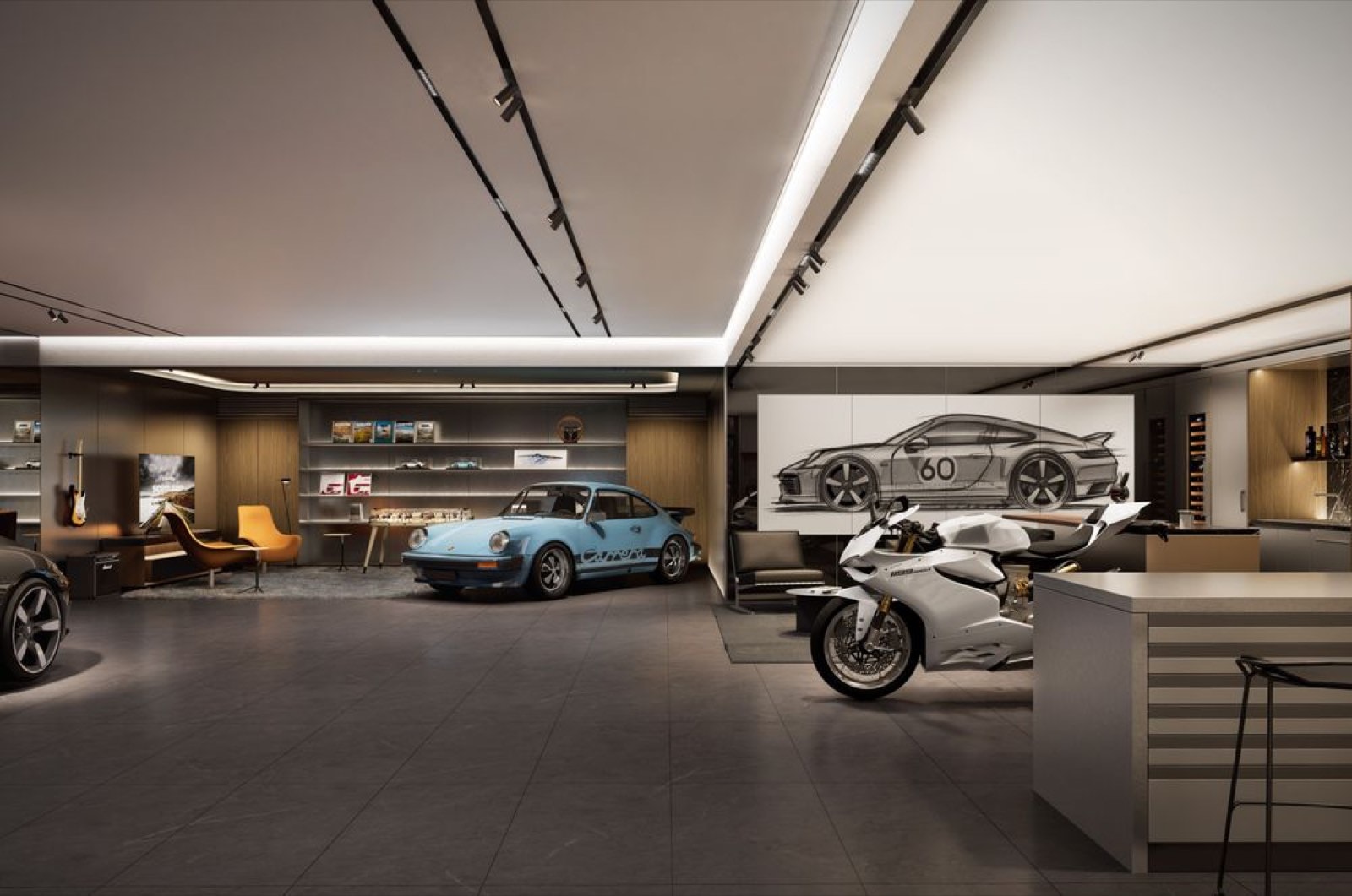 Porsche Design Tower Bangkok: The Passion Space private car and motorbike gallery, a Porsche-branded residents' lounge displaying a classic Porsche 911 and superbike with a bar and seating area