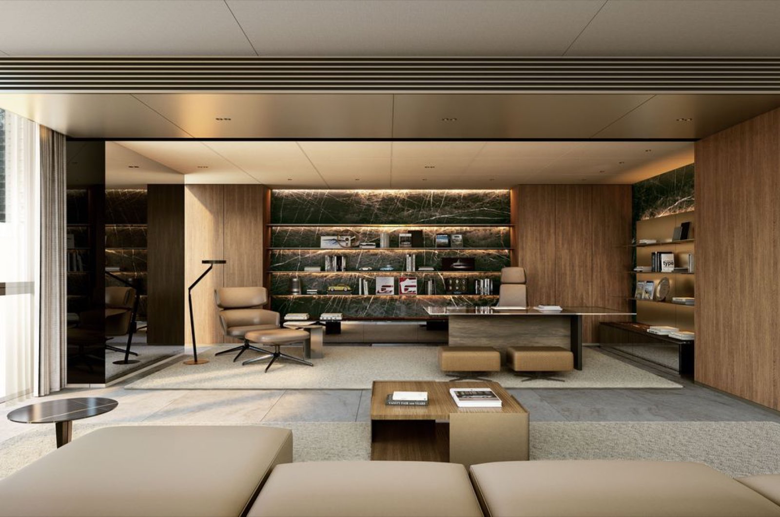 Porsche Design Tower Bangkok: Residents' library and lounge clubroom with backlit green-marble shelving, leather lounge chairs, and warm timber walls
