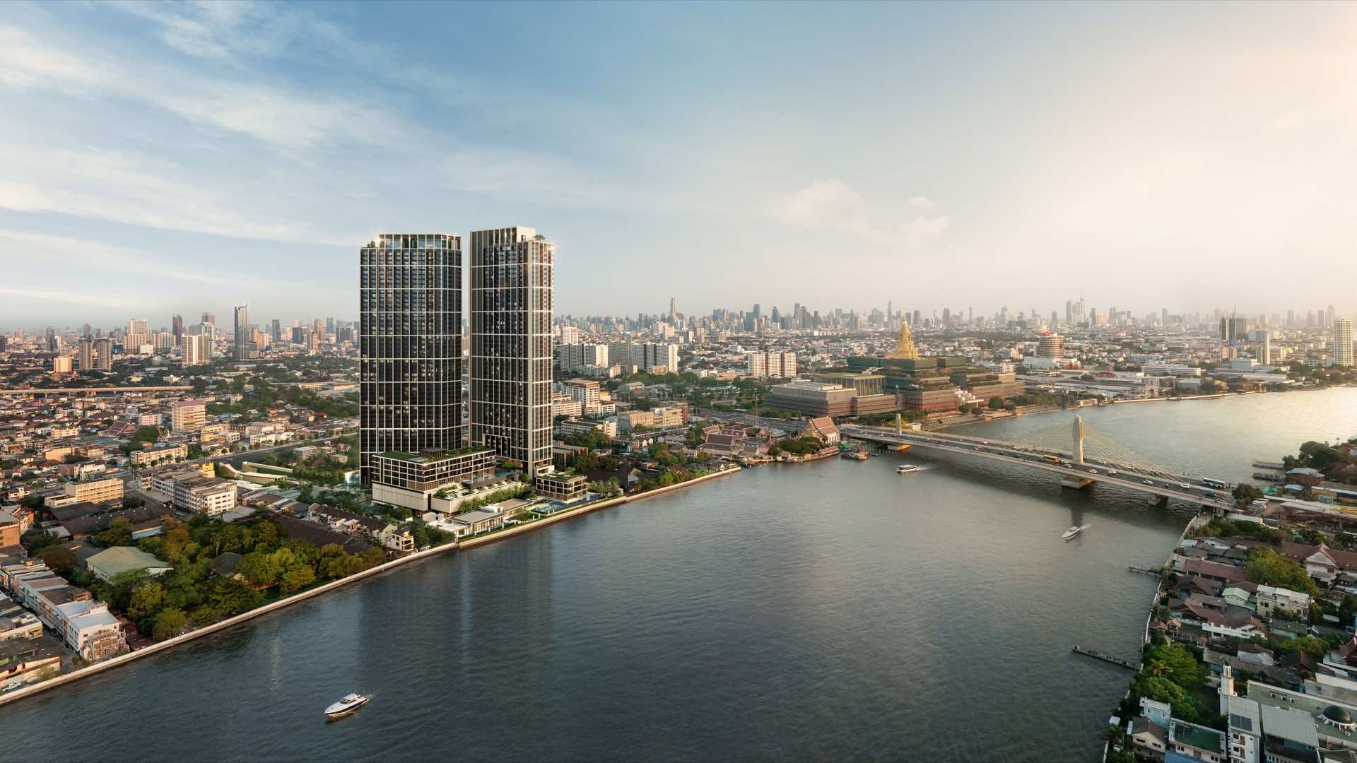 Reference BAIE River Bangpho 的航拍效果圖:Chao Phraya River 東岸兩座深色玻璃大樓與綠化平台,遠處為新國會大廈及 Rama VII 橋,地平線上為曼谷市中心