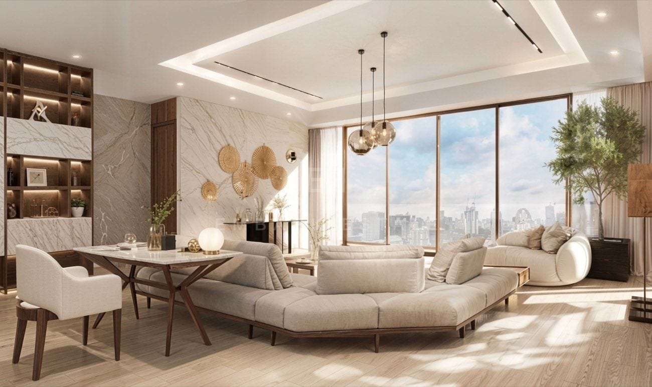 A second living area on pale timber flooring, with corner glazing onto the skyline, an interior visualisation of the 419 sq.m four-bedroom duplex penthouse at ROMM Convent, Convent Road, Bangkok