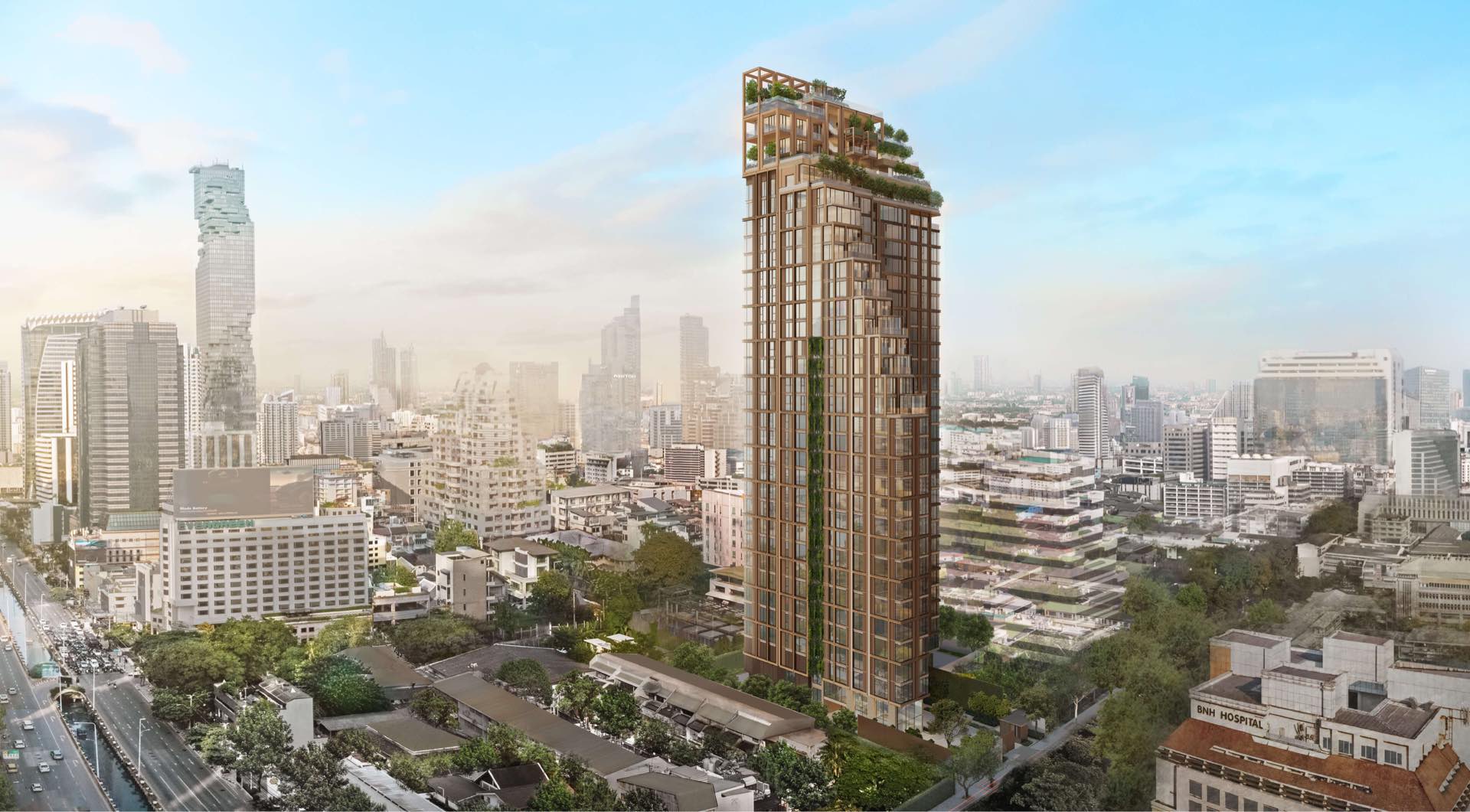 ROMM Convent: full tower exterior render rising above the Bangkok skyline, with MahaNakhon and BNH Hospital visible