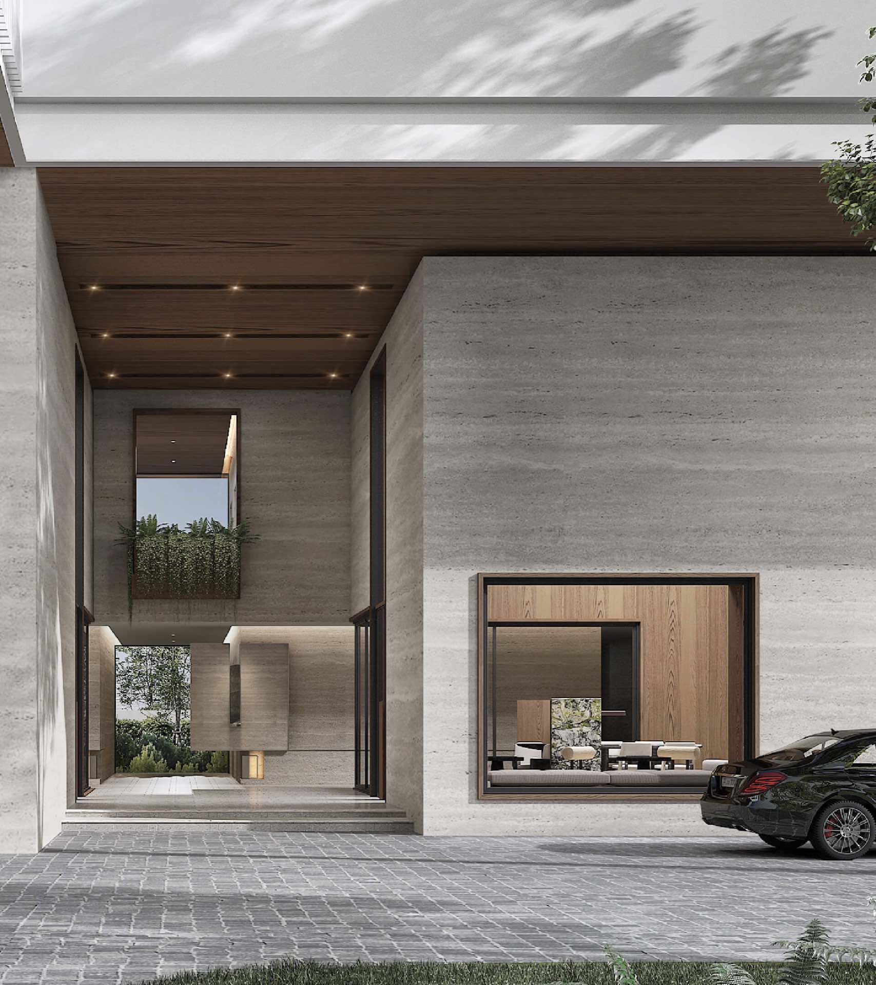 ROMM Convent: ground-floor arrival and entrance render with timber soffit, travertine walls and a landscaped courtyard