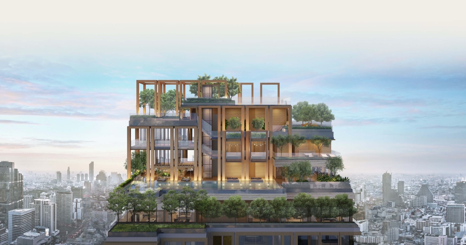 ROMM Convent: rooftop sky-garden and amenity deck render with greenery and lounge pavilions above the city