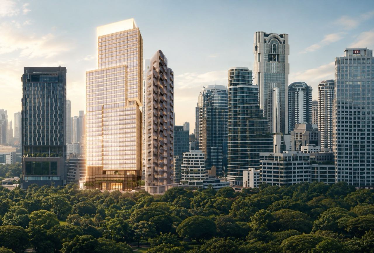 SC Residences in context: a render of the tower among the central Bangkok skyline above the Lumphini Park tree canopy, with the HSBC building and the Park Ventures arch visible to the right