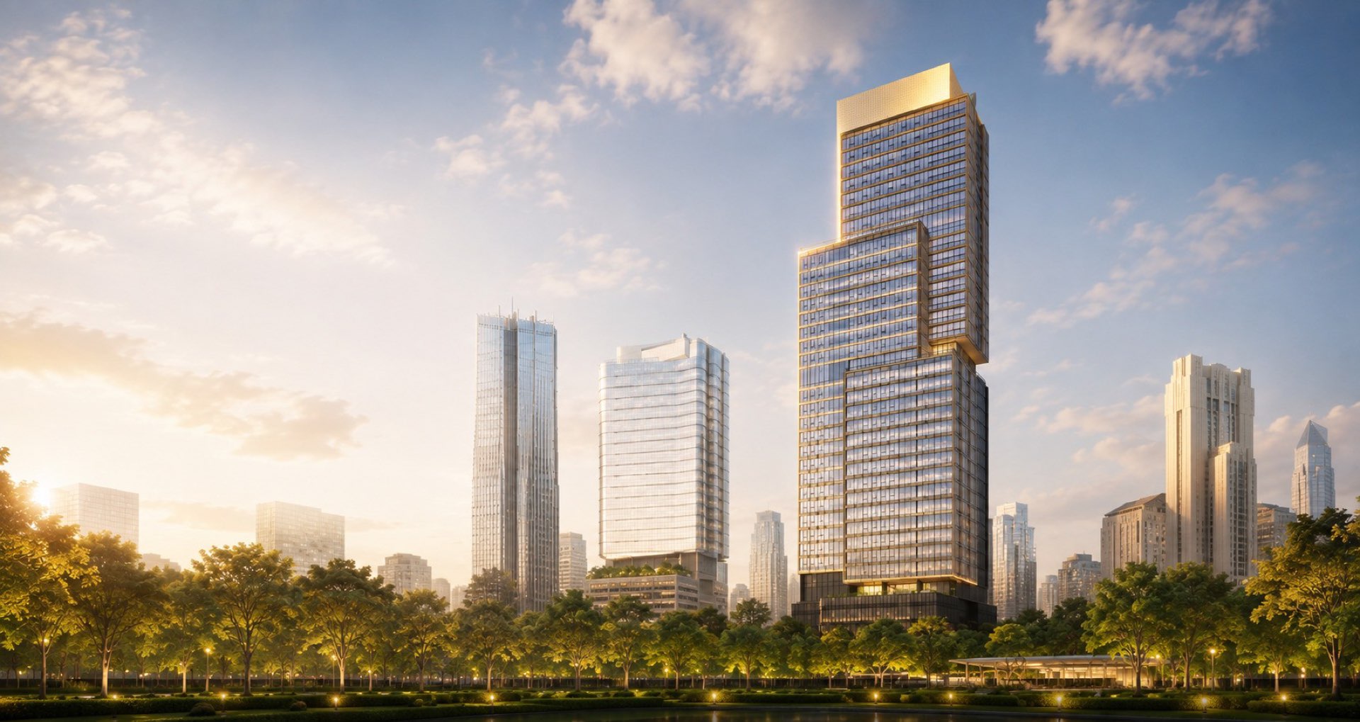 SC Residences, a render of the stepped tower with a gold-toned crown seen from Lumphini Park at dusk, the lit park treeline in the foreground and the central Bangkok skyline behind