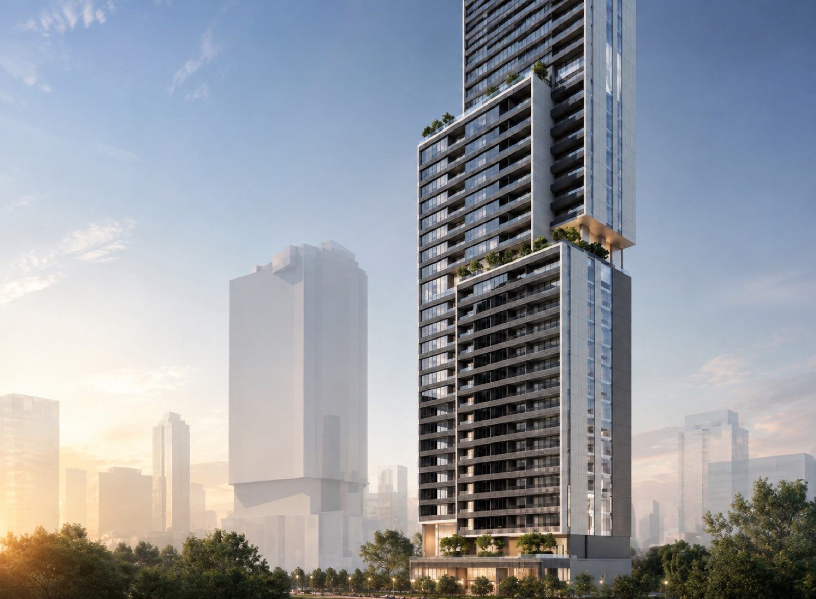 SC Residences, a render of the tower close up: stacked balconies in dark metal and pale stone, planted terraces stepping back at the upper levels, and a lit ground-floor arrival colonnade