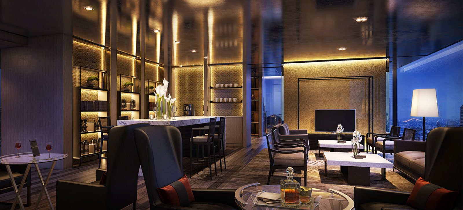 Residents’ club lounge with a bar and city views at Sindhorn TONSON, Bangkok