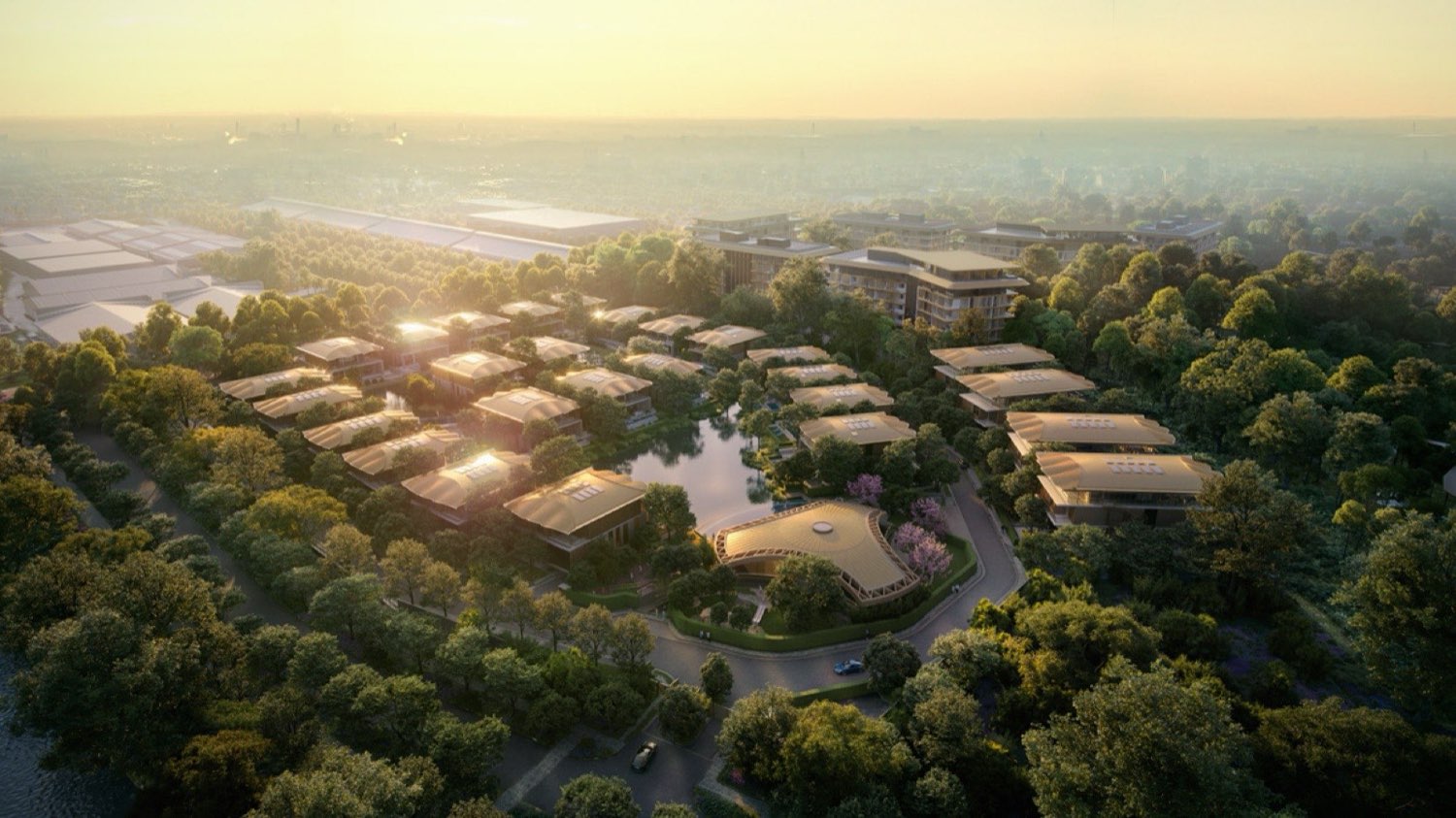 Aerial render of the 27-villa Six Senses Residences estate set within the forest of The Forestias at Bang Na, Bangkok, at sunset