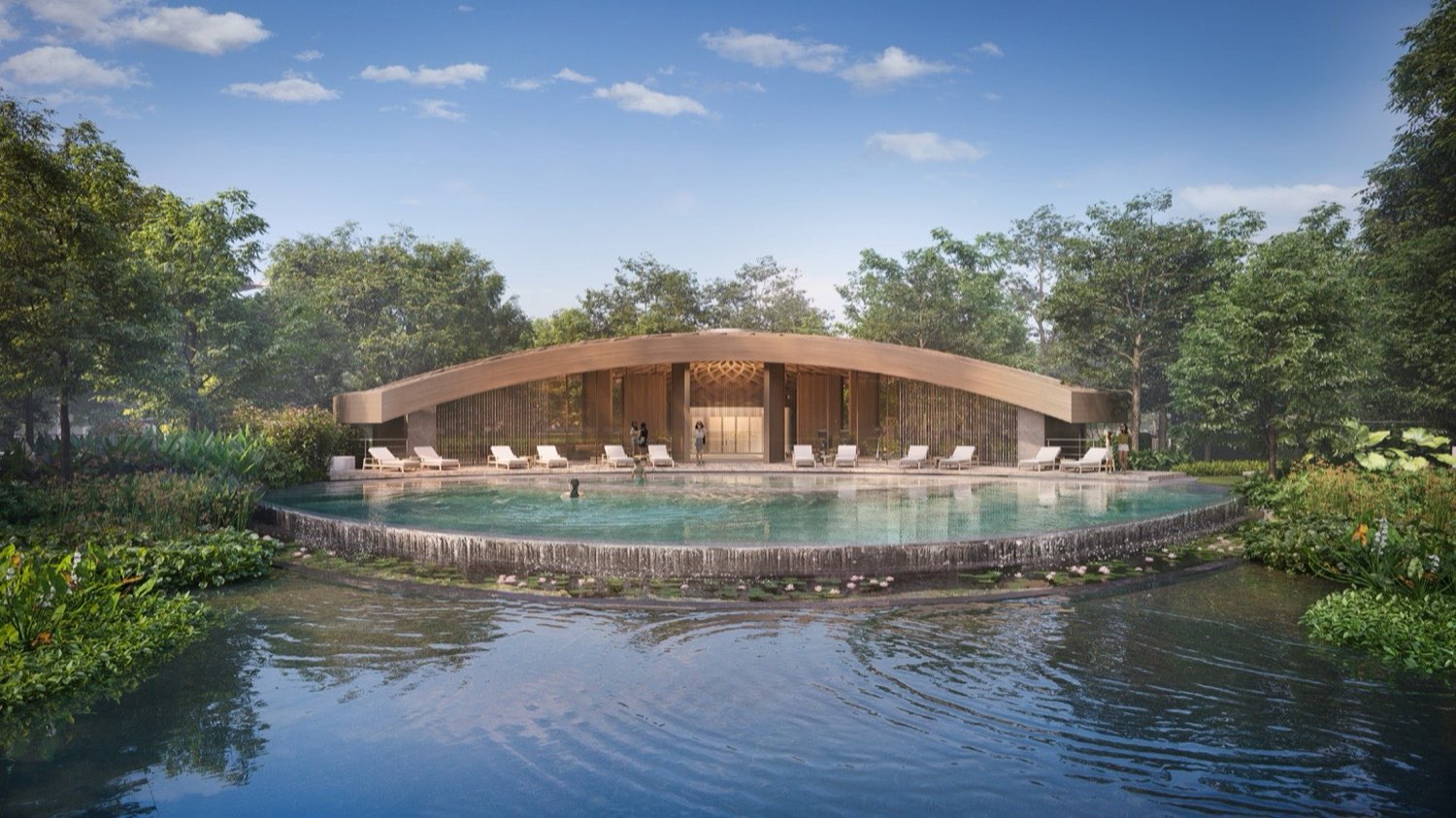 Render of the curved-roof clubhouse beside the residents' lagoon at Six Senses Residences The Forestias, Bang Na, Bangkok