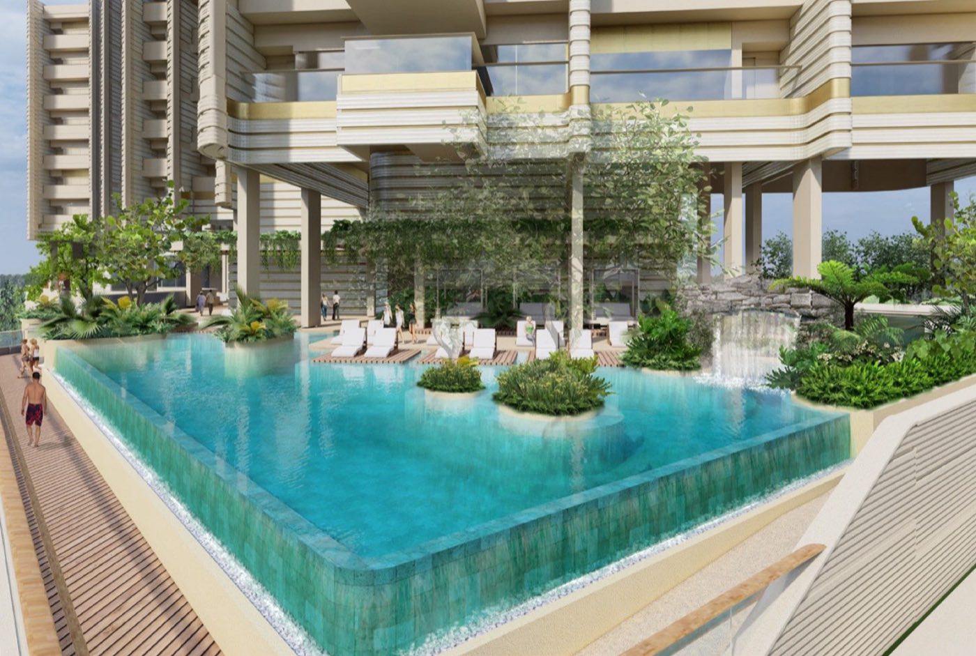 Render of the clubhouse infinity pool and garden deck at Six Senses Residences The Forestias, Bang Na, Bangkok