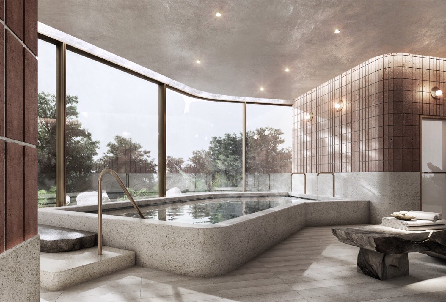 Render of the Six Senses spa and hydrotherapy pool with forest views at Six Senses Residences The Forestias, Bang Na, Bangkok