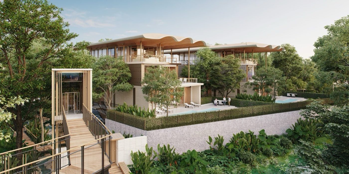 Computer-generated render of the wave-roofed villas at Six Senses Residences The Forestias among the trees in Bang Na, Bangkok, designed by Foster + Partners for MQDC and Six Senses