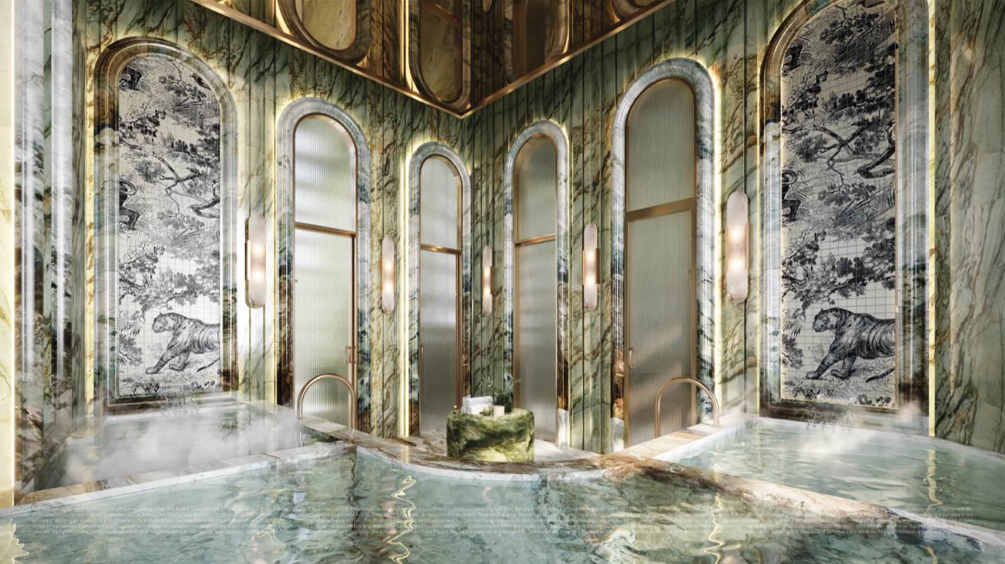 SLS Residences Bangkok Sukhumvit 24 效果圖:養生套房內的溫泉,綠色雲石浴池上方為鋪砌叢林與老虎圖案瓷磚的拱形壁龕