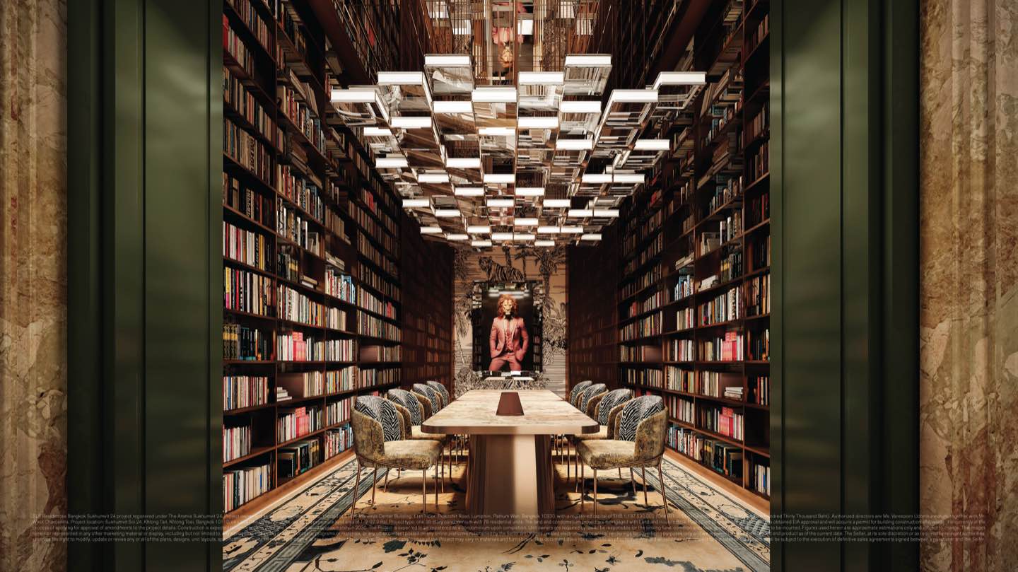 SLS Residences Bangkok Sukhumvit 24: the private meeting room, a long table between floor-to-ceiling bookshelves under a mirrored light sculpture, an artist's impression
