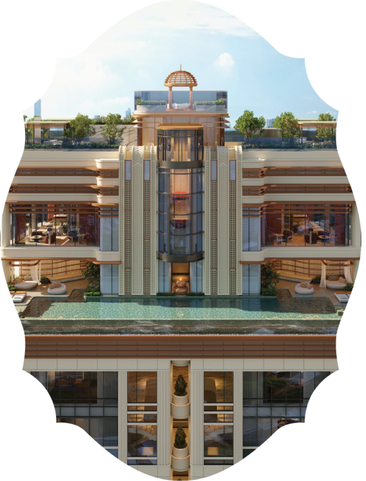 SLS Residences Bangkok Sukhumvit 24: Rooftop crown with infinity-edge pool and pavilion at the summit of the tower