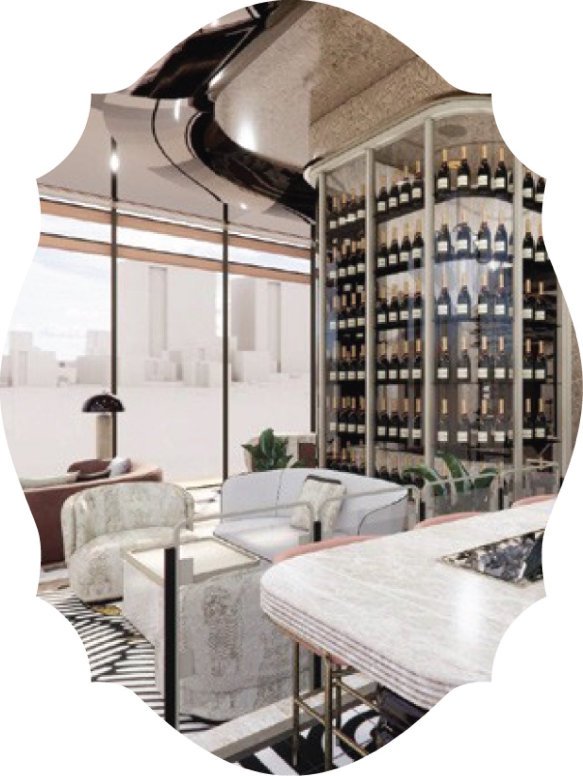 SLS Residences Bangkok Sukhumvit 24: Social lounge with floor-to-ceiling champagne wine wall, marble bar and city-view seating
