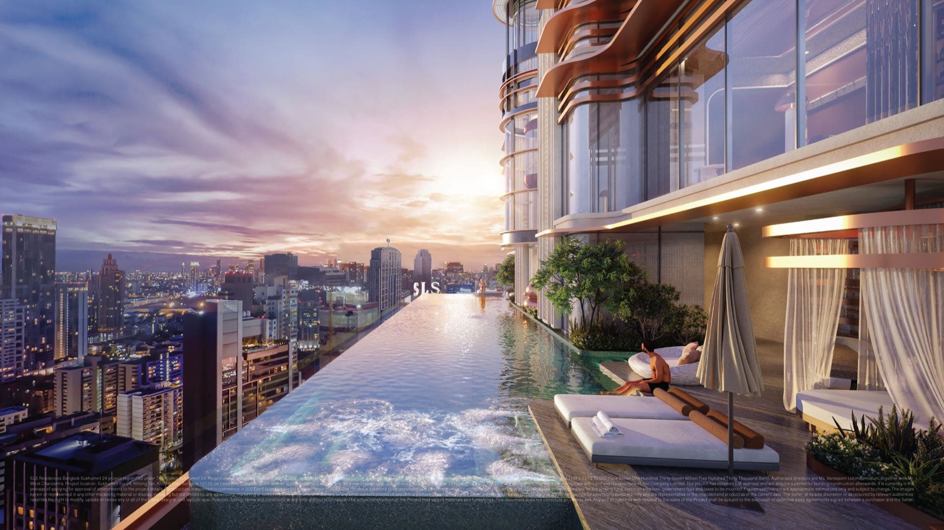 SLS Residences Bangkok Sukhumvit 24 效果圖:33 樓的 The Sun Club,無邊際泳池於日落時分延向曼谷天際線,旁設日光躺床及垂簾涼亭