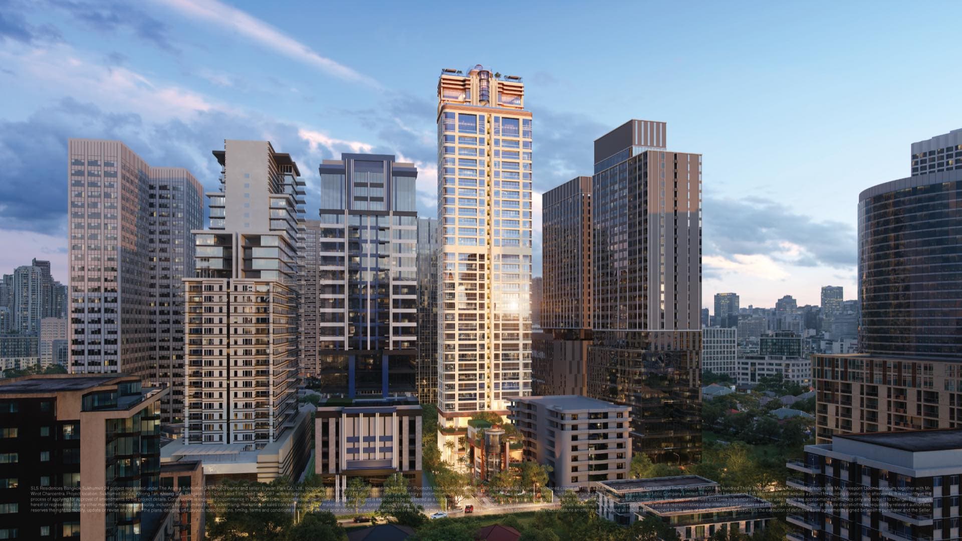 SLS Residences Bangkok Sukhumvit 24: the 36-floor tower with its curved glass and copper-toned crown, catching the evening sun above the Sukhumvit skyline in central Bangkok, an artist's impression
