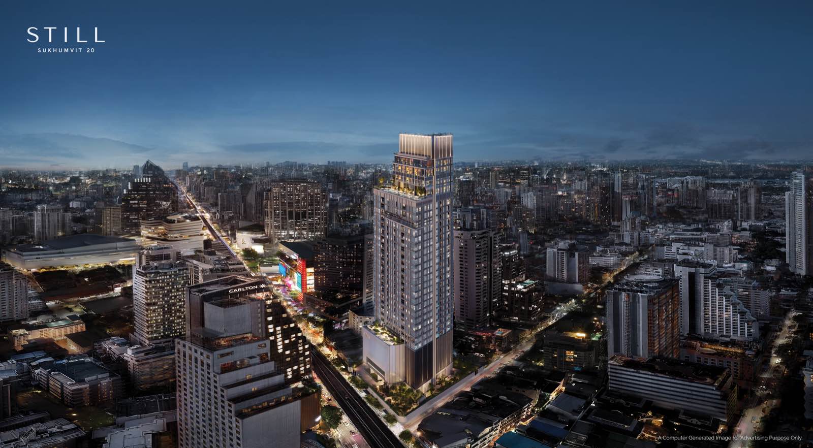 STILL Sukhumvit 20 tower above the Sukhumvit cityscape at dusk, an artist’s impression, by SC Asset with Tokyo Tatemono