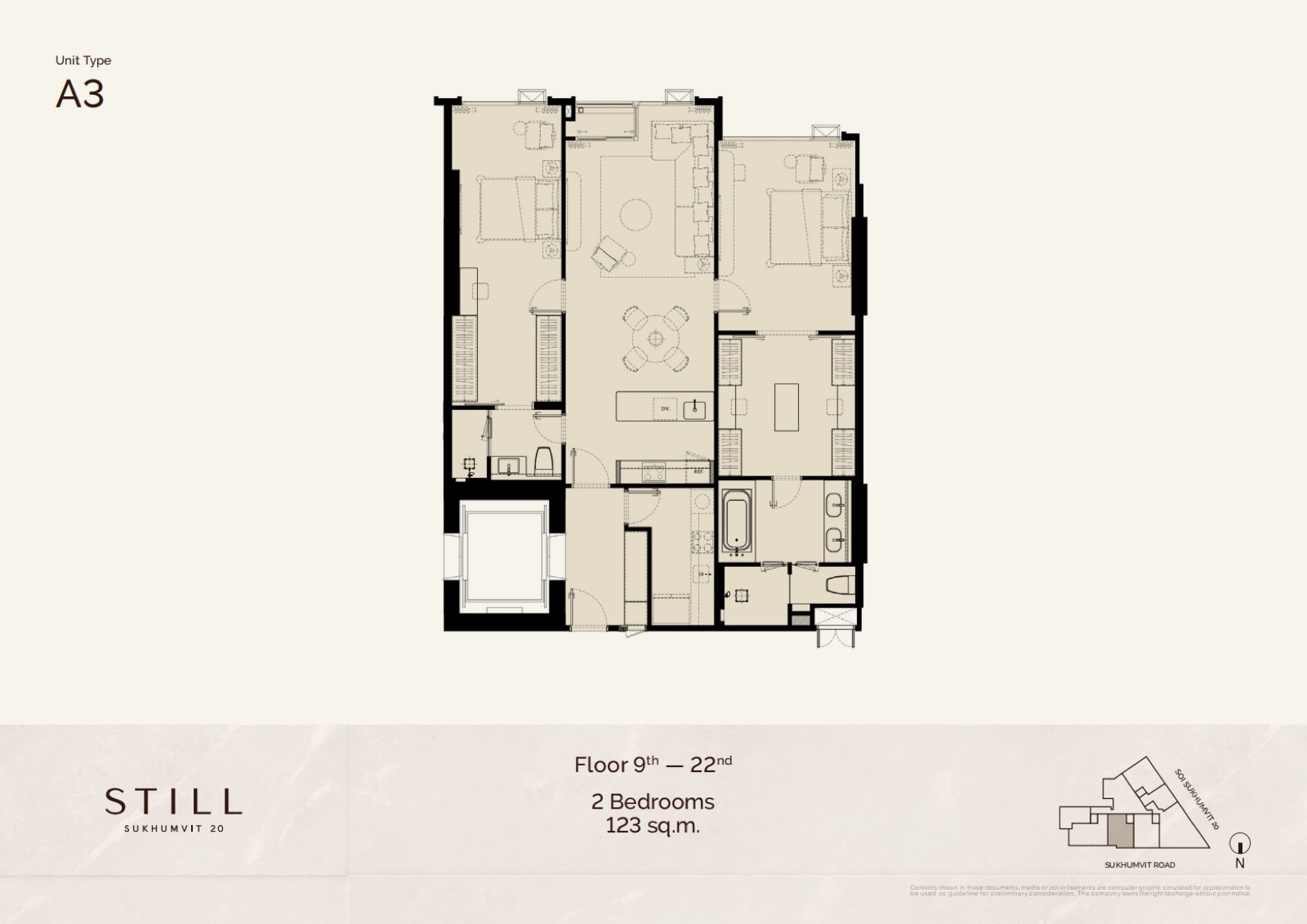 The developer's unit plan for the 123 sqm two-bedroom, type A3 at STILL Sukhumvit 20