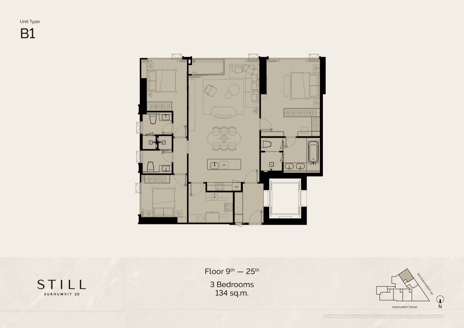 The developer's unit plan for the 134 sqm three-bedroom, type B1 at STILL Sukhumvit 20