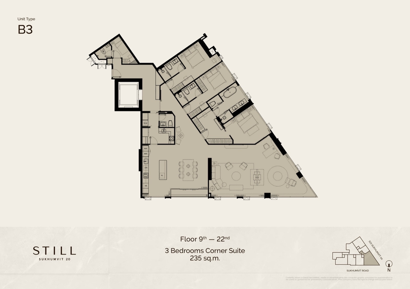 The developer's unit plan for the 235 sqm three-bedroom Corner Suite, type B3 at STILL Sukhumvit 20
