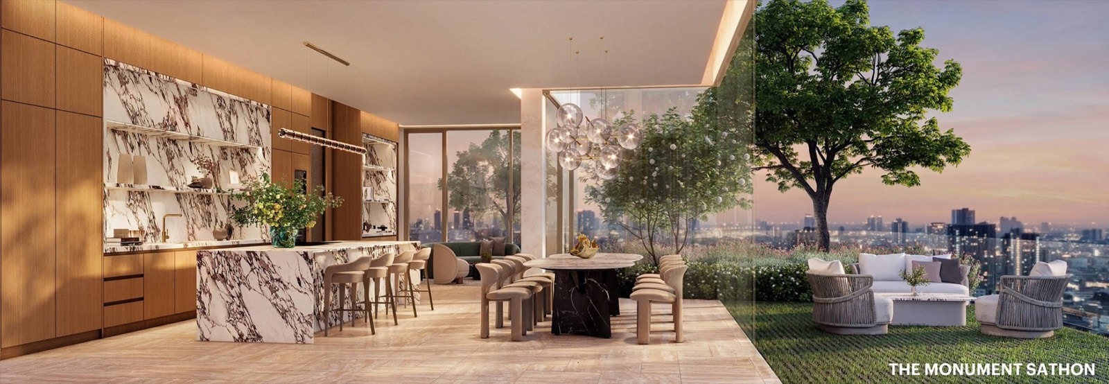 Kitchen and dining terrace at The Monument Sathon, the developer's render