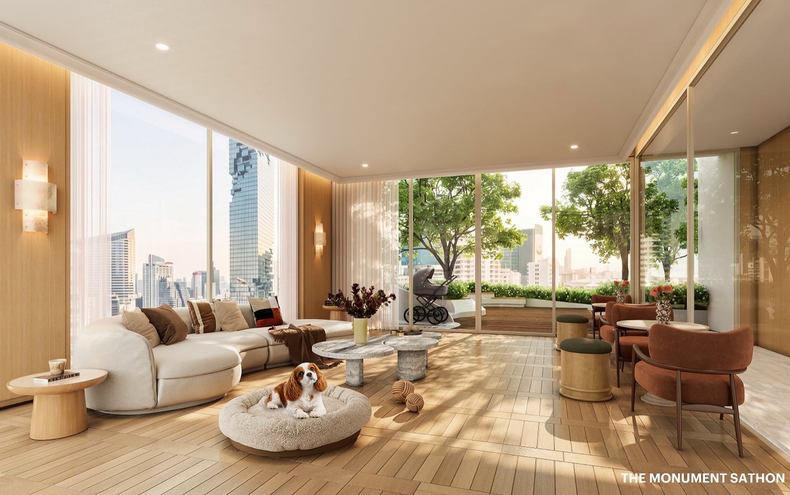 The pet-friendly Sansiri Paw & Co. lounge at The Monument Sathon, the developer's render