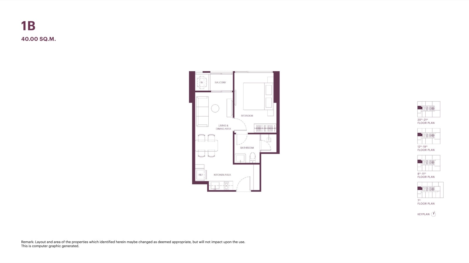 The developer's unit layout drawing for the 40 sqm one-bedroom, type 1B at The Monument Sathon