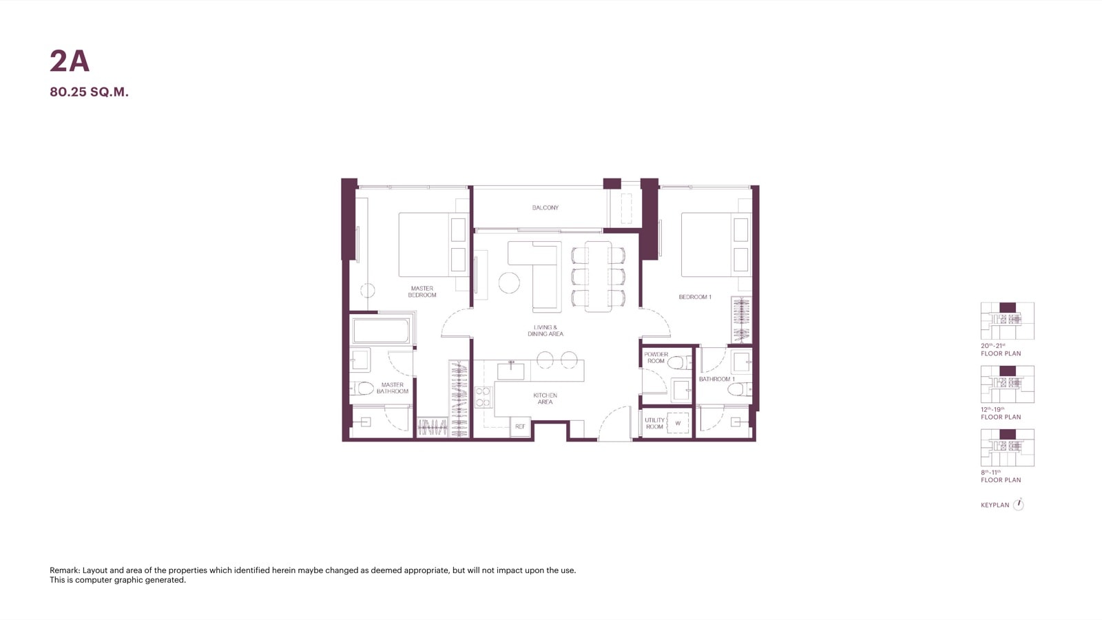 The developer's unit layout drawing for the 80.25 sqm two-bedroom, type 2A at The Monument Sathon