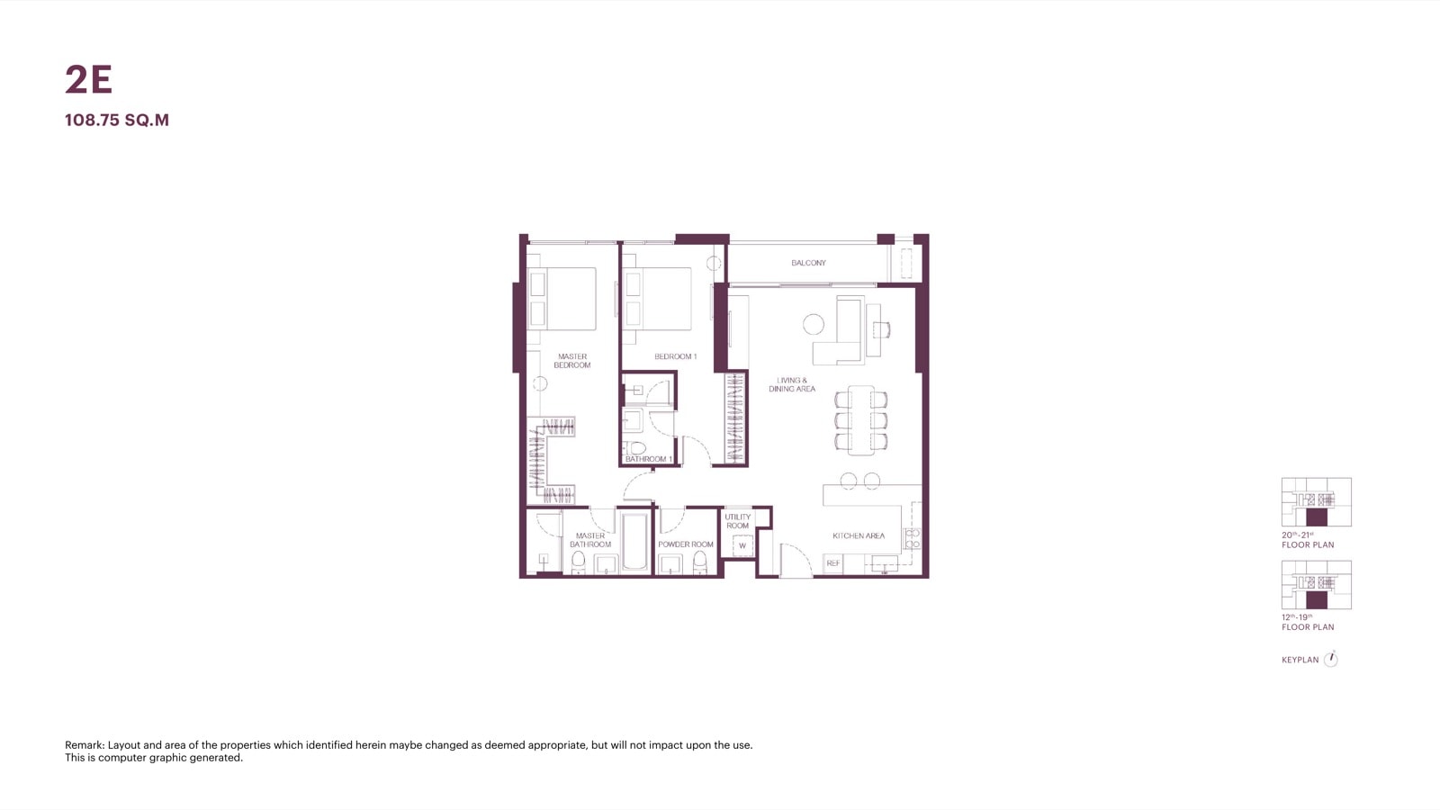 The developer's unit layout drawing for the 108.75 sqm two-bedroom, type 2E at The Monument Sathon