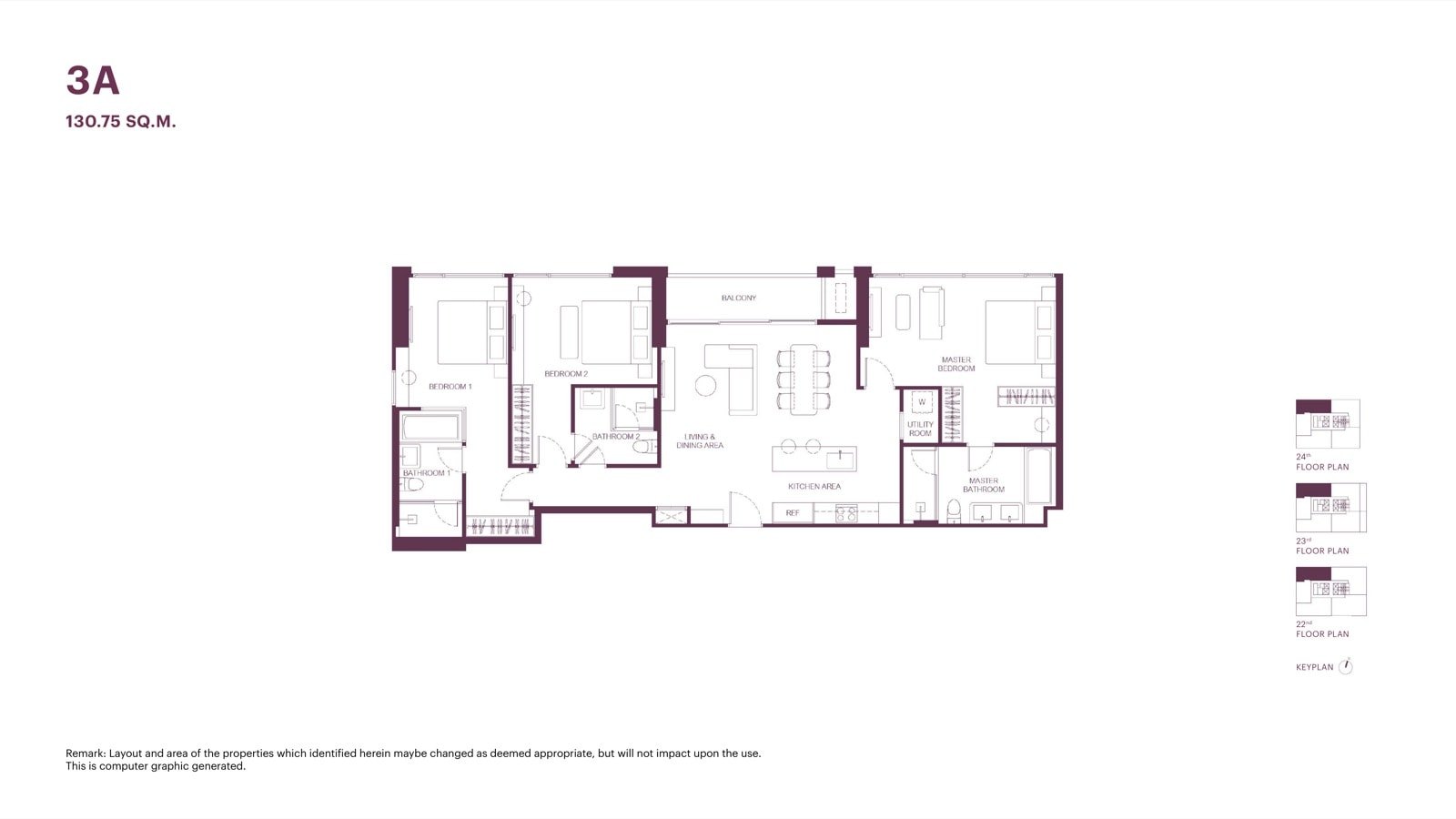 The developer's unit layout drawing for the 130.75 sqm three-bedroom, type 3A at The Monument Sathon